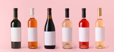 Renkli arka planda boş etiketli şarap şişeleri. Tasarım için model