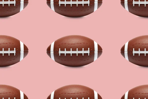 Many rugby balls on color background