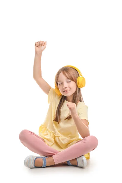 Little Girl Listening Music White Background — Stock Photo, Image