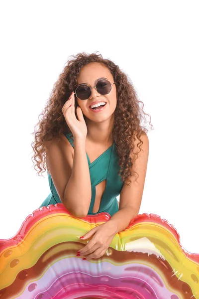 Beautiful Young African American Woman Inflatable Ring White Background — Stock Photo, Image