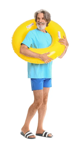 Mature Man Inflatable Ring White Background — Stock Photo, Image