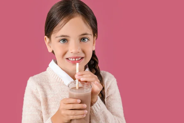 Little Girl Tasty Chocolate Milk Color Background — Stock Photo, Image