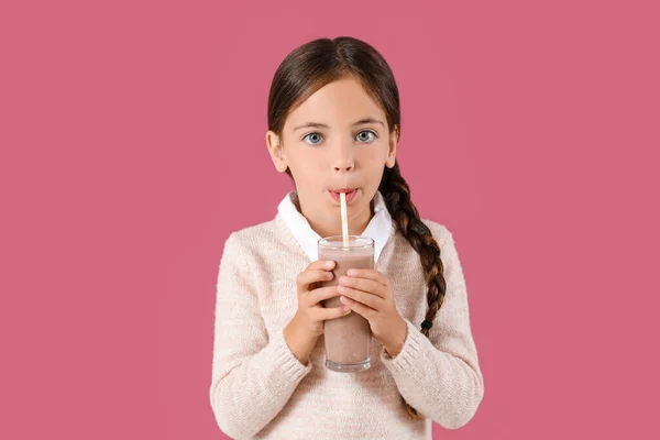 Little Girl Tasty Chocolate Milk Color Background — Stock Photo, Image