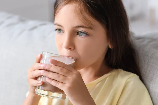 Little Girl Drinking Tasty Chocolate Milk Home — Stock Photo, Image