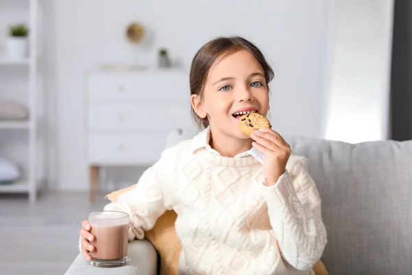 Little Girl Drinking Tasty Chocolate Milk Eating Cookies Home — Stock Photo, Image