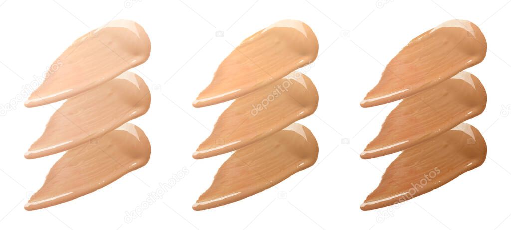 Samples of foundation for professional make up on white background