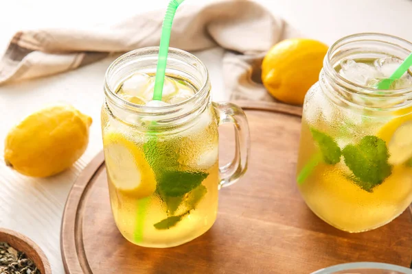 Mason Jars Tasty Cold Ice Tea Table — Stock Photo, Image