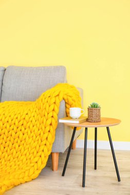 Kanepe, masa ve ekoseli modern bir oda.