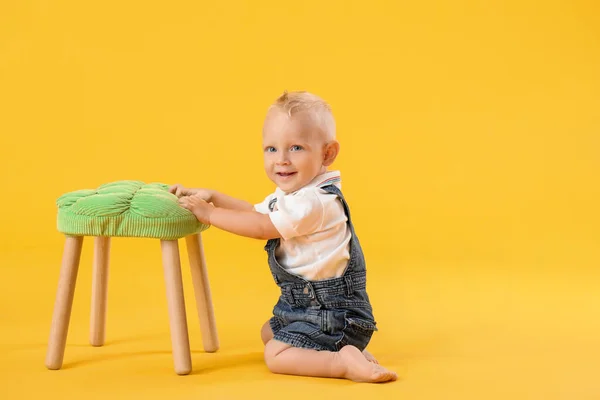 Portrait Cute Little Baby Stool Color Background — Stock Photo, Image