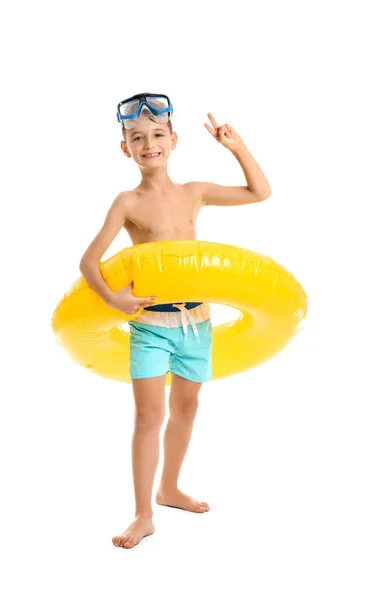 Kleiner Junge Mit Schwimmring Auf Weißem Hintergrund — Stockfoto