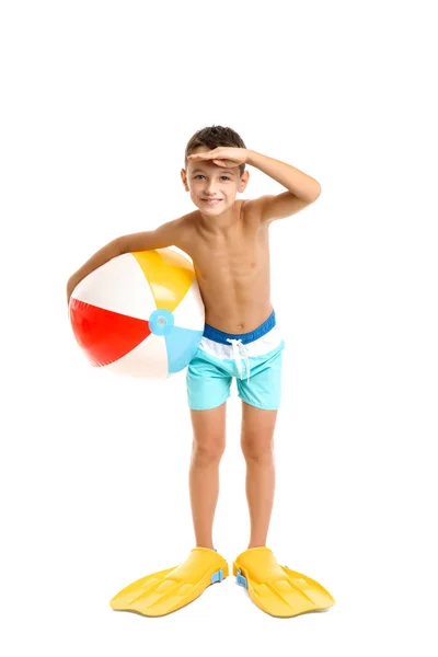 Little Boy Paddles Ball White Background — Stock Photo, Image