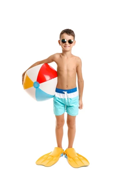 Kleiner Junge Mit Paddeln Und Ball Auf Weißem Hintergrund — Stockfoto