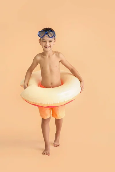 Little Boy Snorkeling Mask Inflatable Ring Color Background — Stock Photo, Image