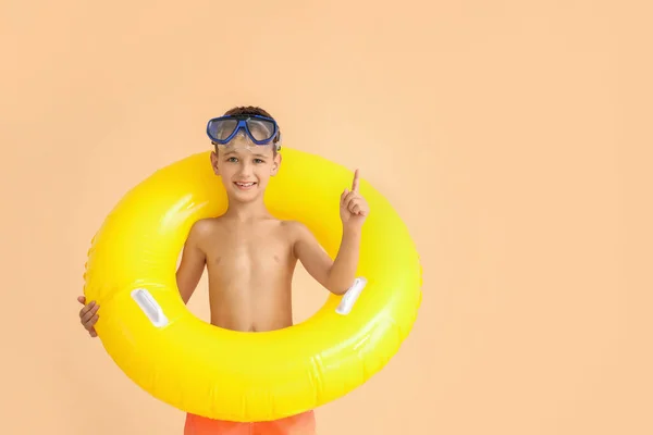 Little Boy Snorkeling Mask Inflatable Ring Color Background — Stock Photo, Image