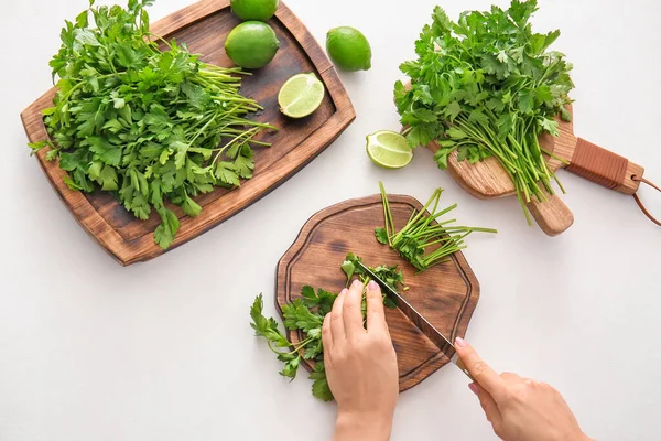 Woman Cutting Fresh Parsley White Background Top View — Stock Photo, Image