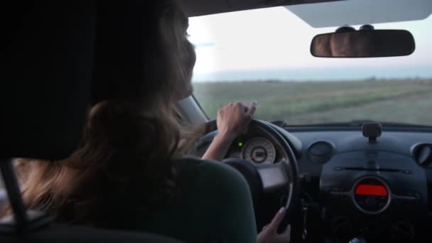 Ευτυχισμένη Νεαρή Γυναίκα Που Κάθεται Στο Αυτοκίνητο — Αρχείο Βίντεο