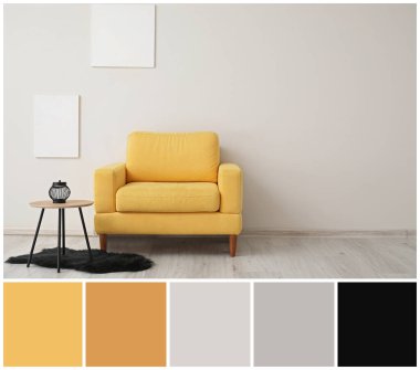 Koltuğu ve masası olan şık bir oda. Farklı renk desenleri