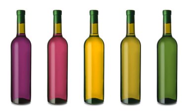 Beyaz arka planda farklı şarap şişeleri