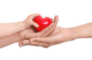 Beyaz arka planda kalbi olan ailenin elleri.