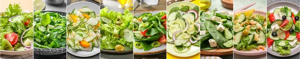 Colagem Fotos Com Saladas Pepino Saborosas — Fotografia de Stock