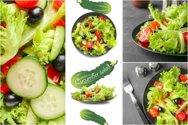 Colagem Fotos Com Salada Pepino Saborosa — Fotografia de Stock