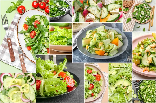 Collage Von Fotos Mit Schmackhaften Gurkensalaten — Stockfoto
