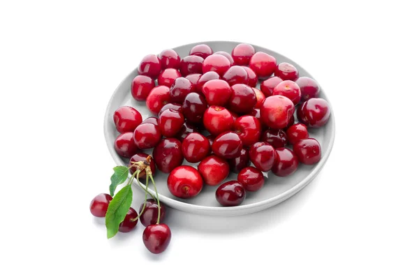 Plate Sweet Cherry White Background — Stock Photo, Image