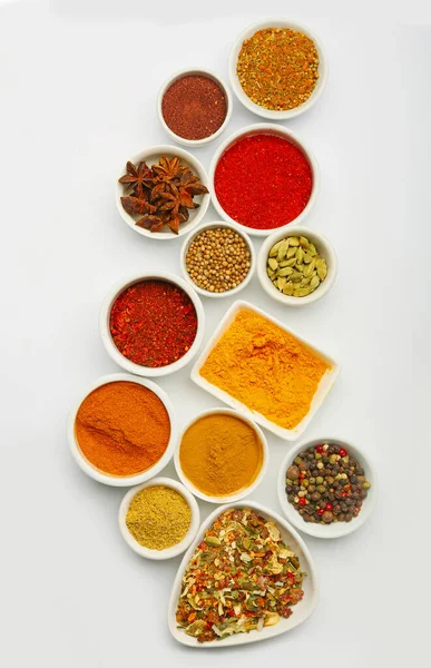 Bowls Different Aromatic Spices White Background — Stock Photo, Image