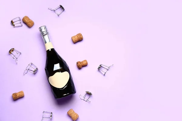 Bottle Champagne Plugs Corks Color Background — Stock Photo, Image