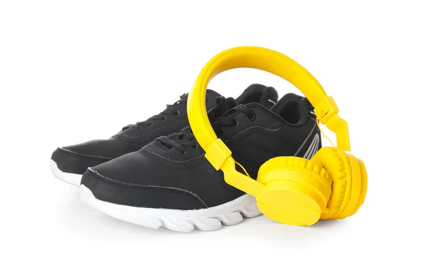 Sportive Shoes Headphones White Background — Stock Photo, Image