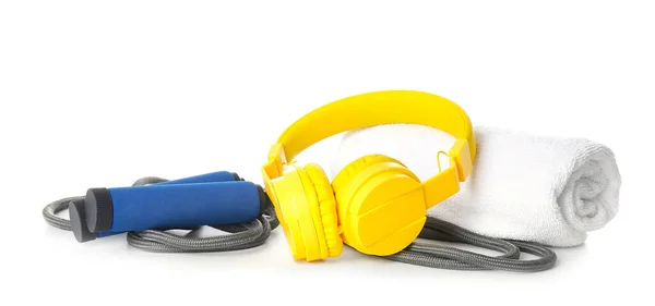 Jumping Rope Towel Headphones White Background — Stock Photo, Image