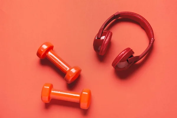 Dumbbells Headphones Color Background — Stock Photo, Image