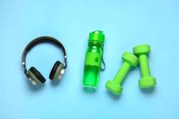 Bottle Water Dumbbells Headphones Color Background — Stock Photo, Image