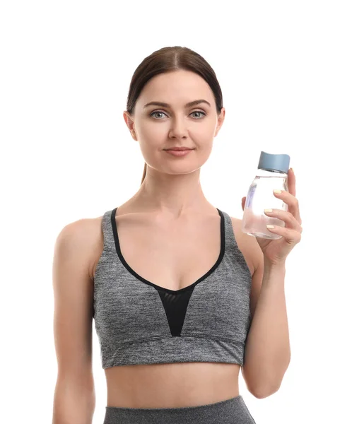 Sporty Young Woman Bottle Water White Background — Stock Photo, Image
