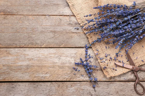 Beautiful Lavender Flowers Scissors Wooden Background — Stock Photo, Image