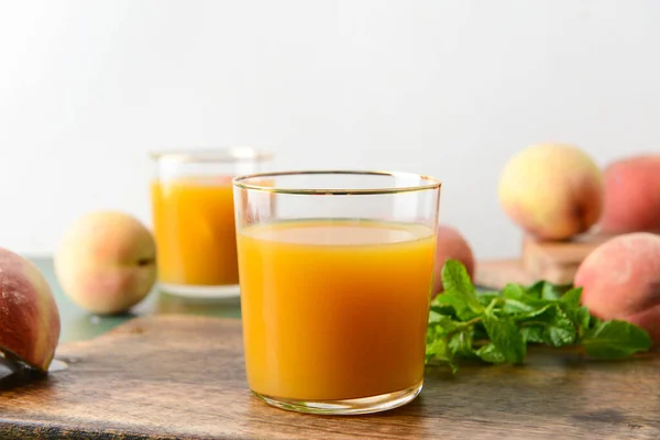 Glass Fresh Peach Juice Table — Stock Photo, Image