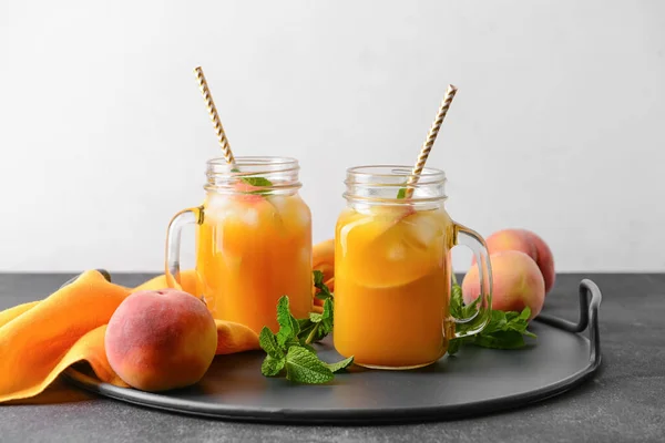 Mason Jars Fresh Peach Juice Table — Stock Photo, Image