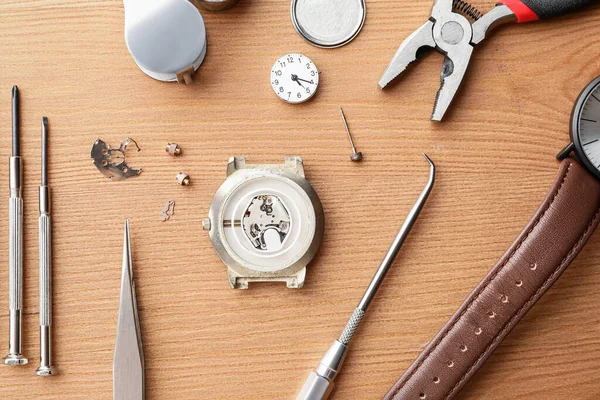 Watches Tools Repair Wooden Background — Stock Photo, Image