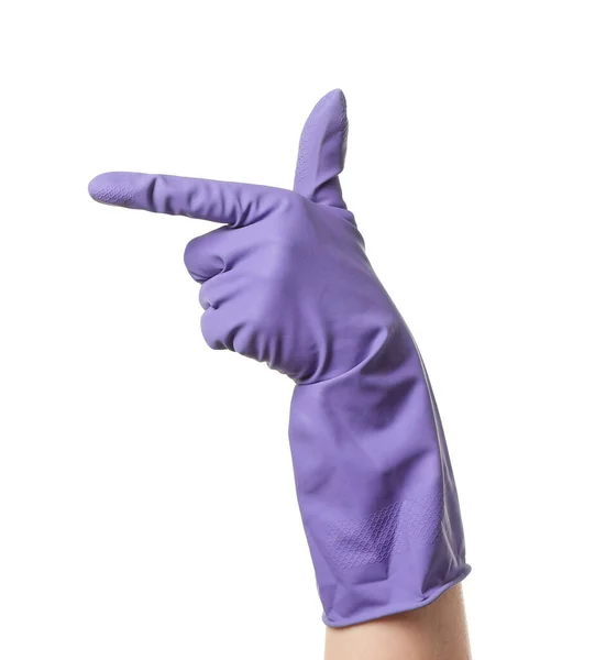 Hand Rubber Glove Pointing Something White Background — Stock Photo, Image