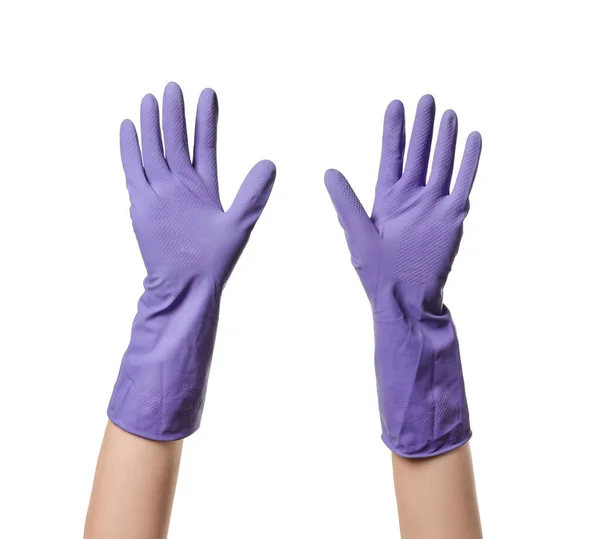 Χέρια Λαστιχένια Γάντια Λευκό Φόντο — Φωτογραφία Αρχείου
