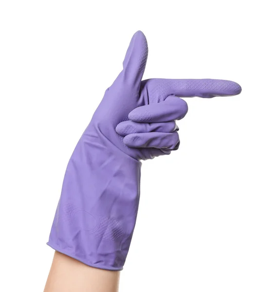 Hand Rubber Glove Pointing Something White Background — Stock Photo, Image
