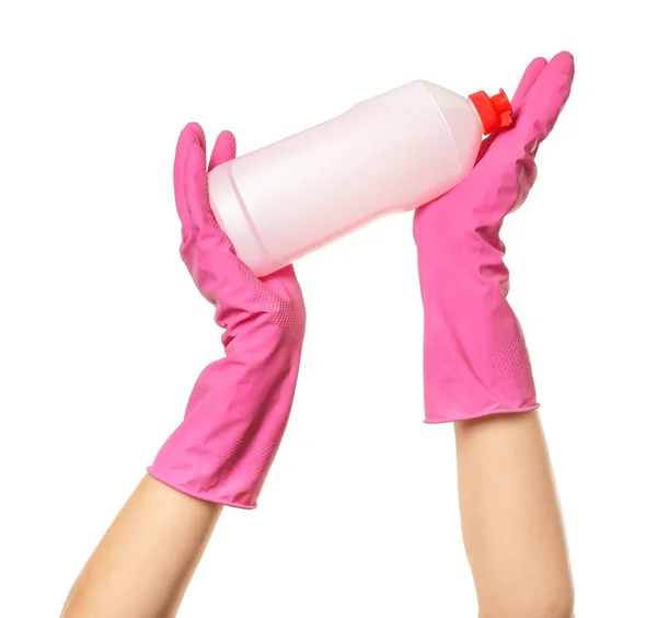 Mãos Luvas Borracha Segurando Detergente Fundo Branco — Fotografia de Stock