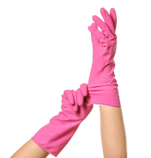 Woman Putting Rubber Gloves White Background — Stock Photo, Image
