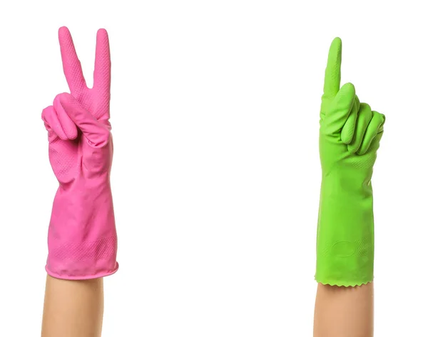 Gesturing Hands Rubber Gloves White Background — Stock Photo, Image