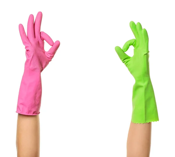 Hands Rubber Gloves Showing White Background — Stock Photo, Image