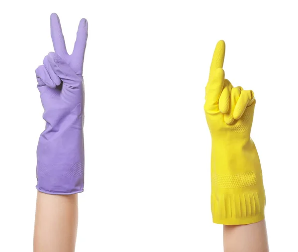 Gesturing Hands Rubber Gloves White Background — Stock Photo, Image