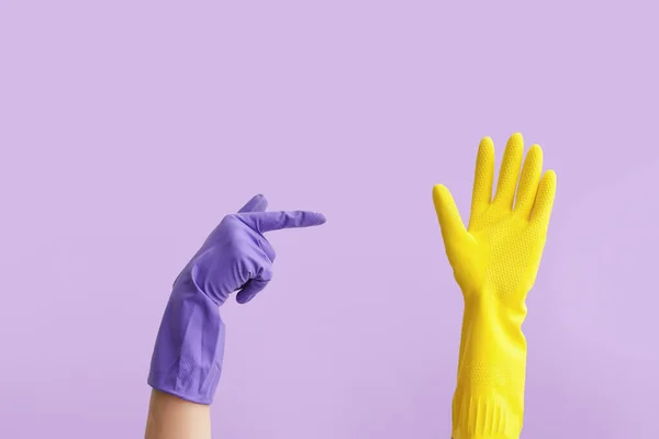 Gesturing Hands Rubber Gloves Color Background — Stock Photo, Image