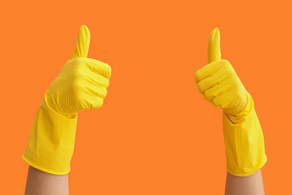 Hands Rubber Gloves Showing Thumb Color Background — Stock Photo, Image