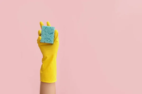 Hand Rubber Glove Sponge Color Background — Stock Photo, Image