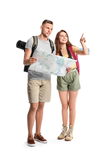 Couple Tourists Map White Background — Stock Photo, Image